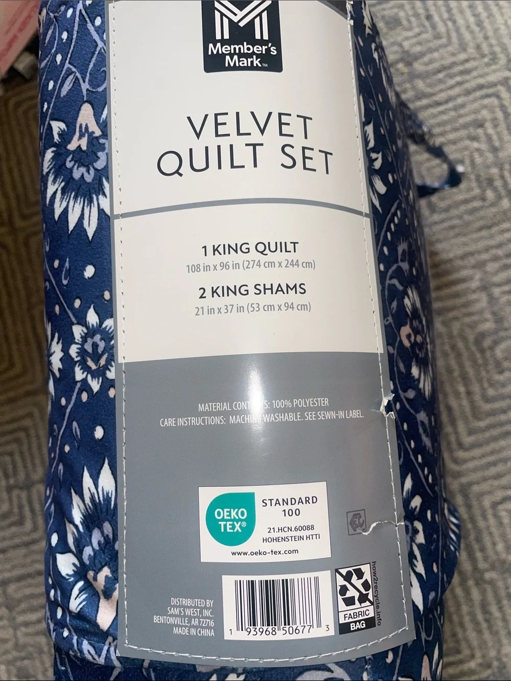 BNWT 3 pcs Member's Mark Velvet Quilt Set - Navy Floral King coverlet+ 2 shams